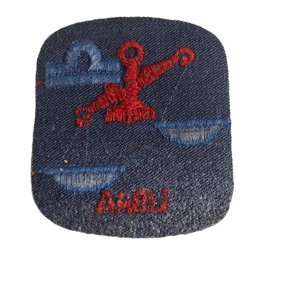 Vintage Rumper Stitcher Libra Embroidered Sew Iron On Patch Astrology Denim Red - Picture 2 of 4